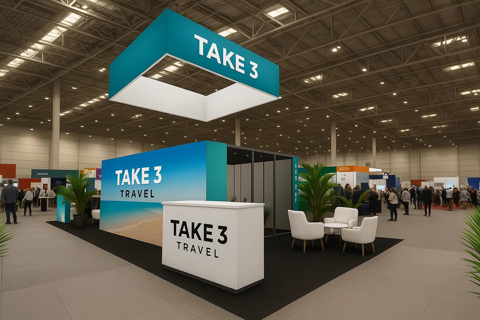Trade show booth for TAKE 3 TRAVEL featuring a beach-themed backdrop, white reception counter, seating area with armchairs, decorative plants, and overhead signage, surrounded by other booths and attendees in a busy convention center.
